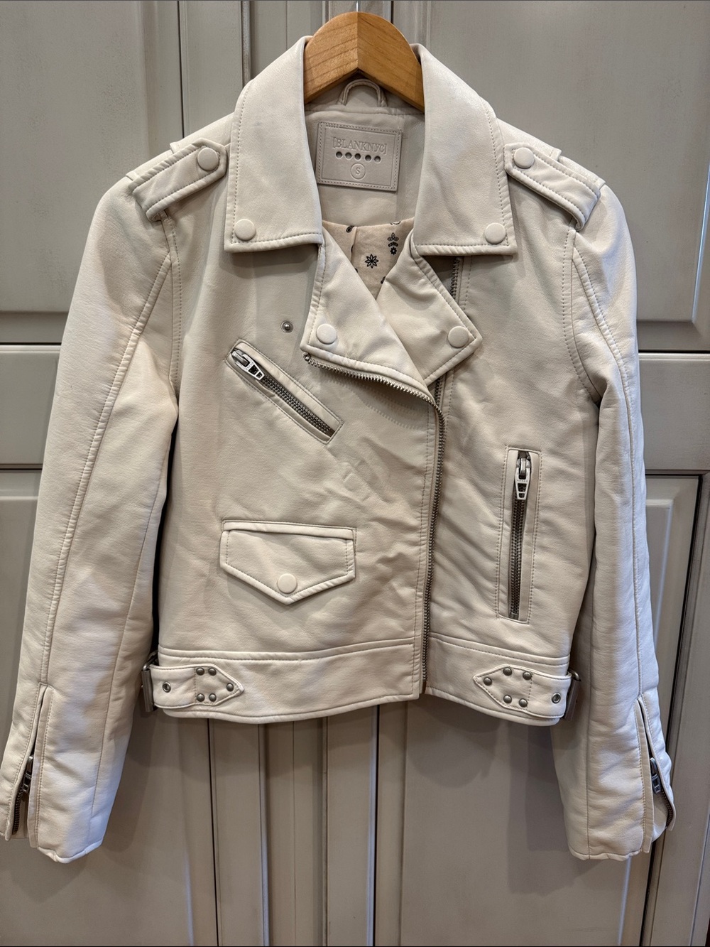 Blank NYC Ivory Leather Moto Jacket with Silver Hardware